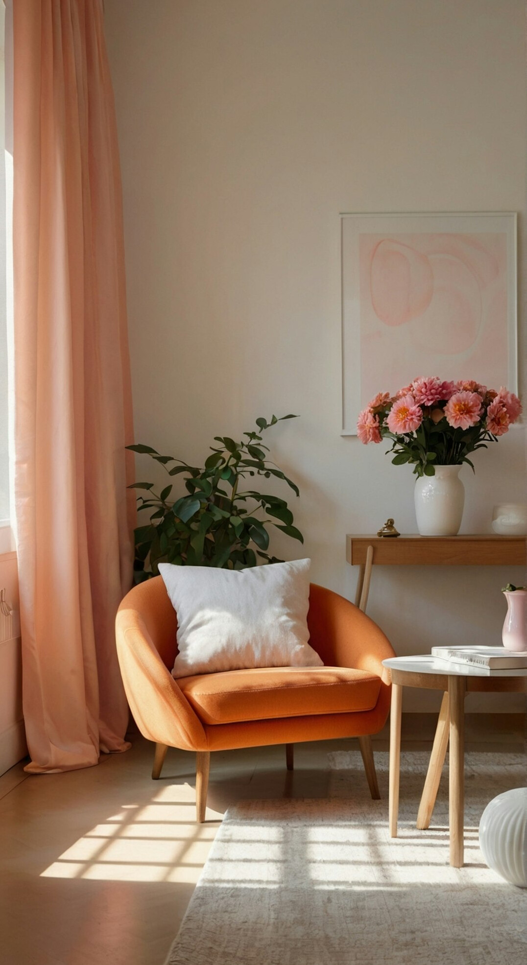 Refined vintage-modern living room interior with velvet armchairs