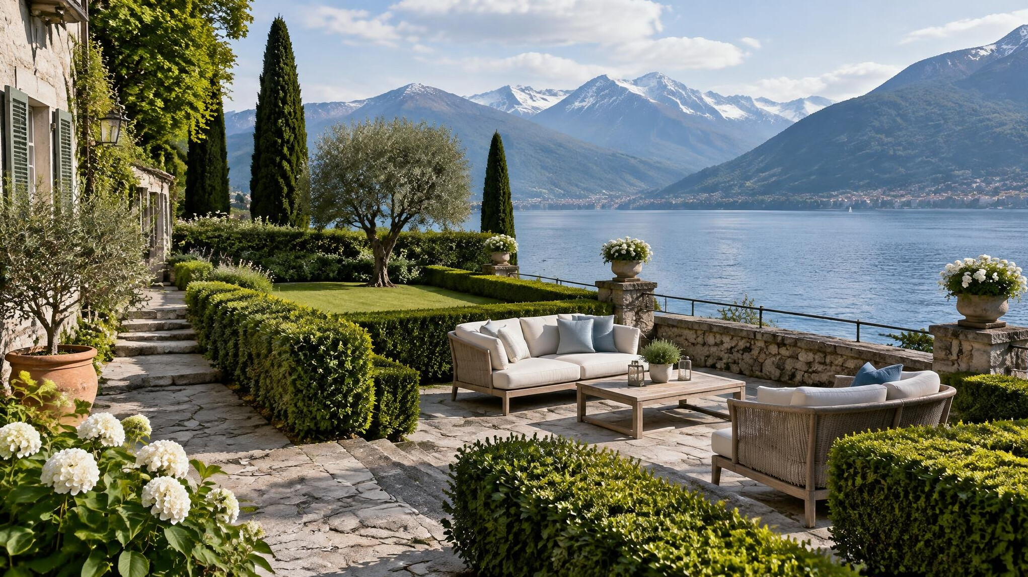 Manicured garden terrace of a lakeside estate with outdoor furniture