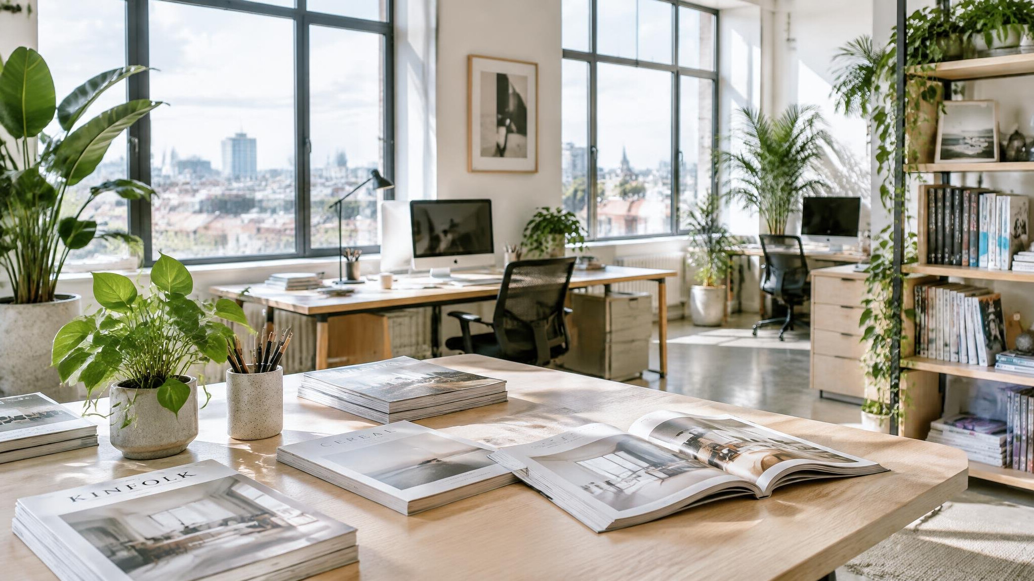 Bright editorial office space with wooden desks and plants