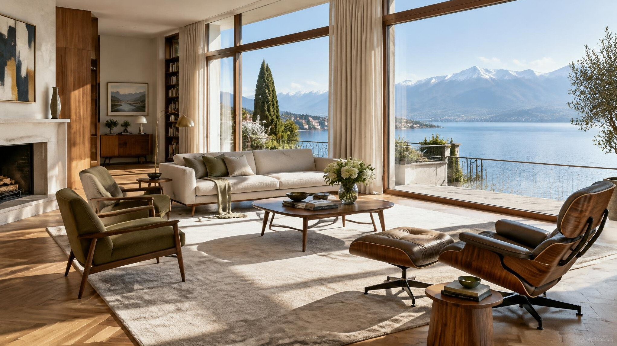 Elegant living room of a lakeside villa near Geneva with large windows